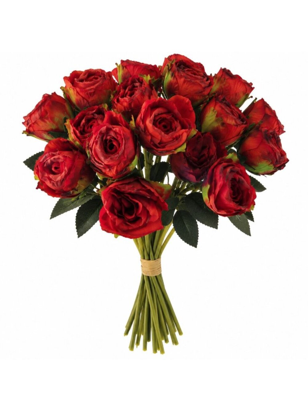 Burnt Edge Artificial Roses, 18 Stem Red Rose Bouquet, 15 Inch Faux Flowers, Wed